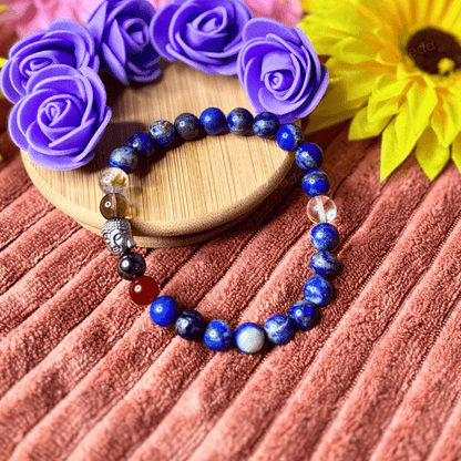 Natural stone bracelet for students and professionals on a textured surface with flowers in the background