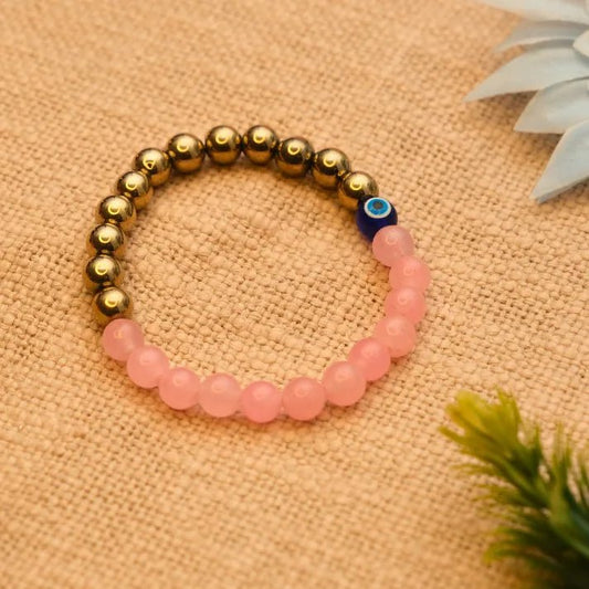 Pyrite Rose Quartz Evil Eye Bracelet: Wealth, Love and Protection